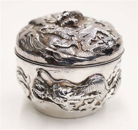 metal japanese box with dragons and honeycomb bottom value|Japanese Silver Dragon Box .